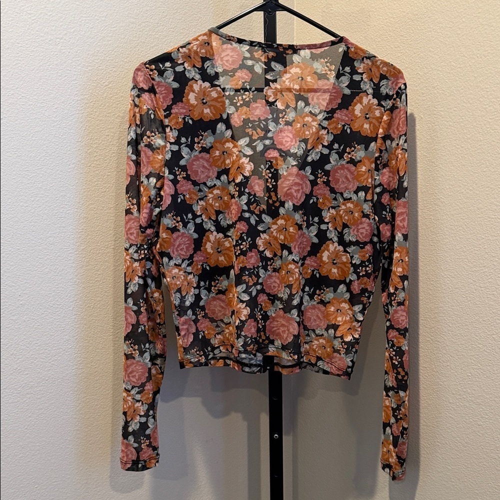 Forever 21 Floral sheer V-Neck Blouse - Black and Orange - Picture 4 of 4
